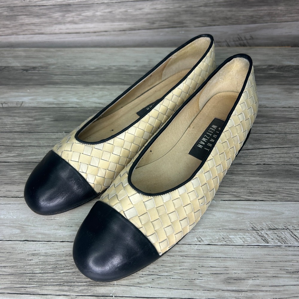 Stuart Weitzman Low Heels Flats 8B Cap Toe Slip On Woven Leather Shoes